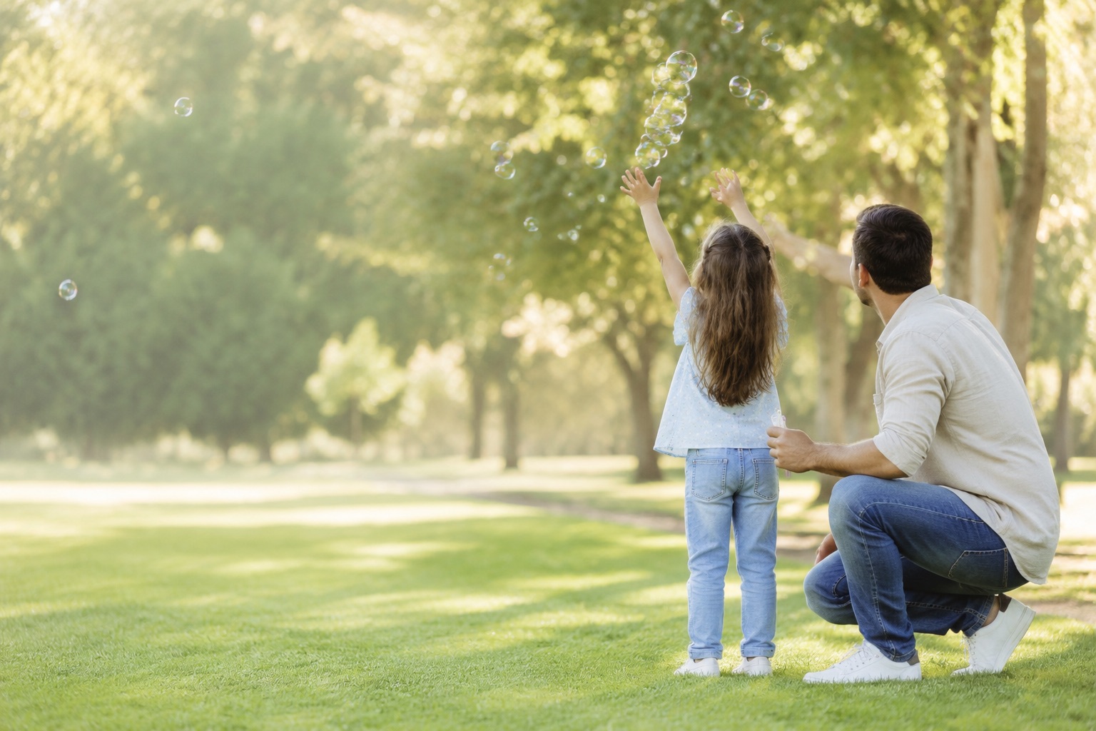 A father crouching beside his young daughter as she reaches up to catch bubbles in a sunny park