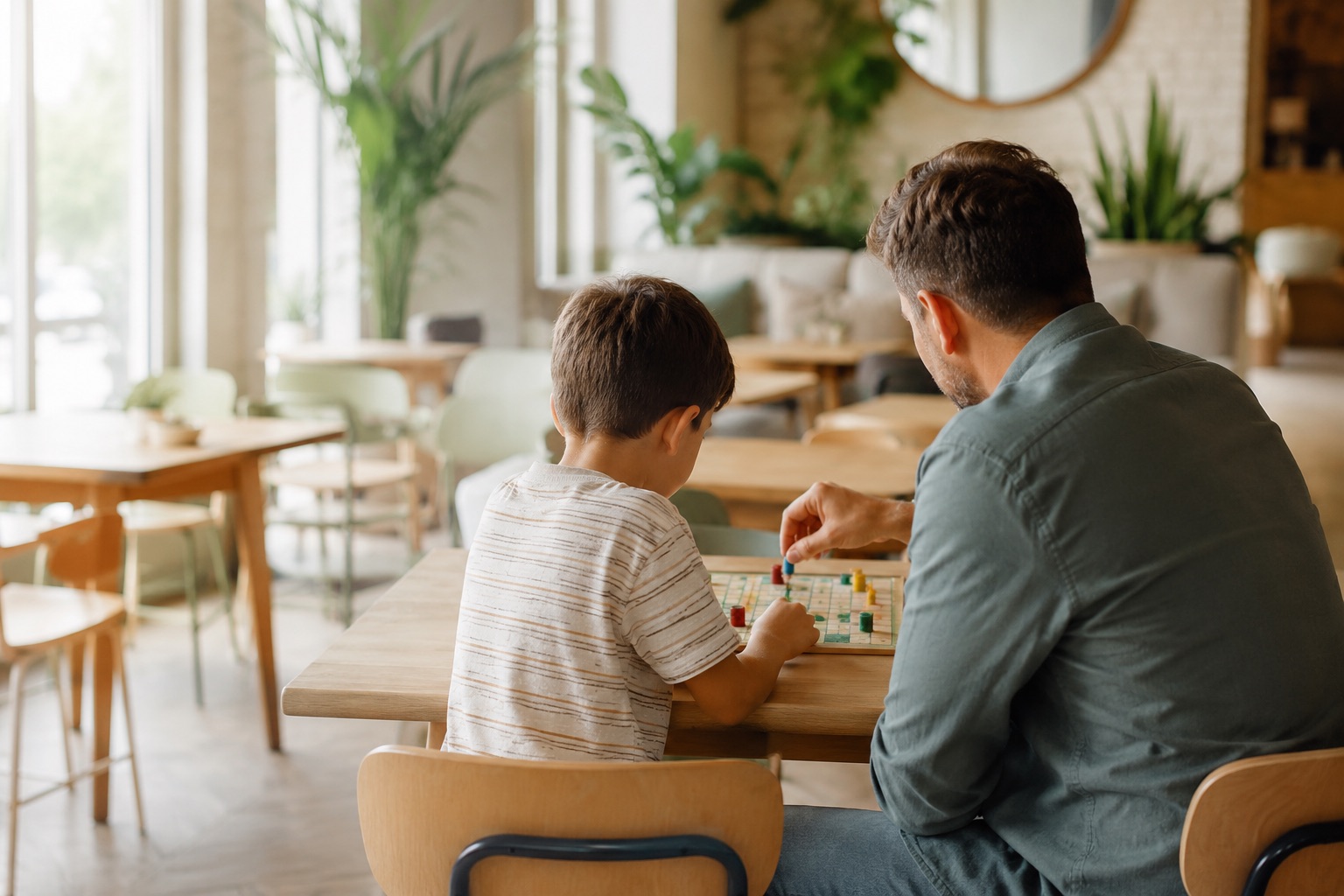 A father and son playing a board game together at a table in a bright, welcoming room