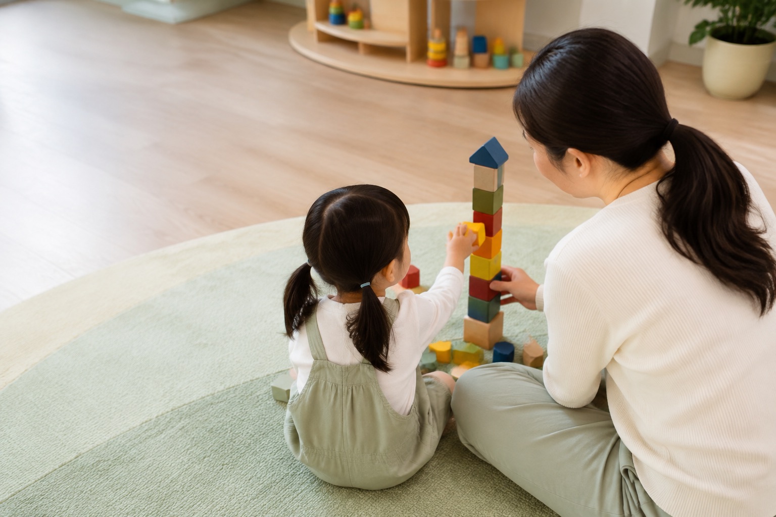 A parent and young child building a tower of colourful wooden blocks together on a play mat
